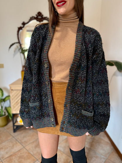 1990's vintage black wool cardigan with rainbow chevron pattern