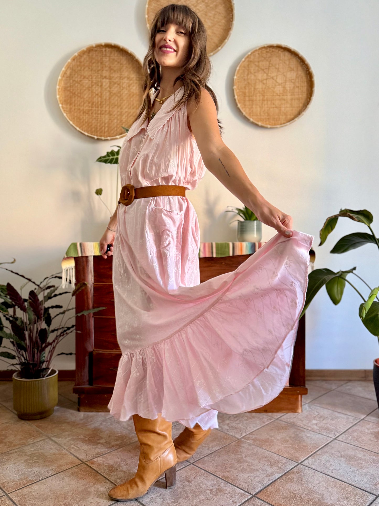 1970's vintage pink prairie taxi dress with white stripe and floral print