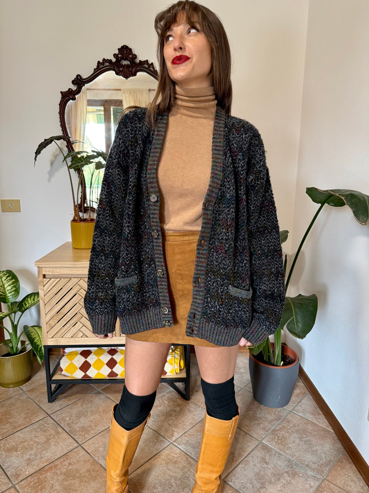 1990's vintage black wool cardigan with rainbow chevron pattern