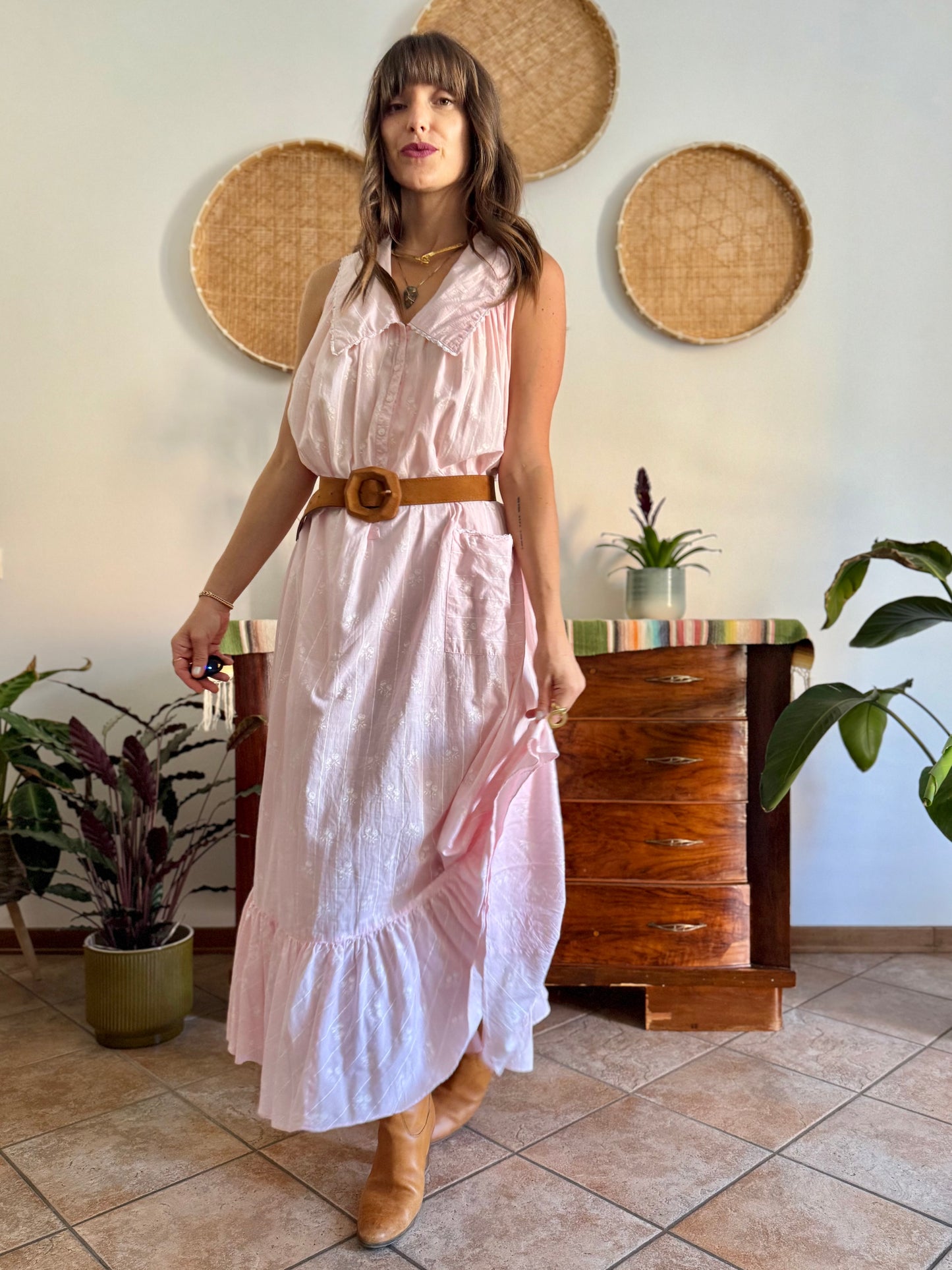 1970's vintage pink prairie taxi dress with white stripe and floral print