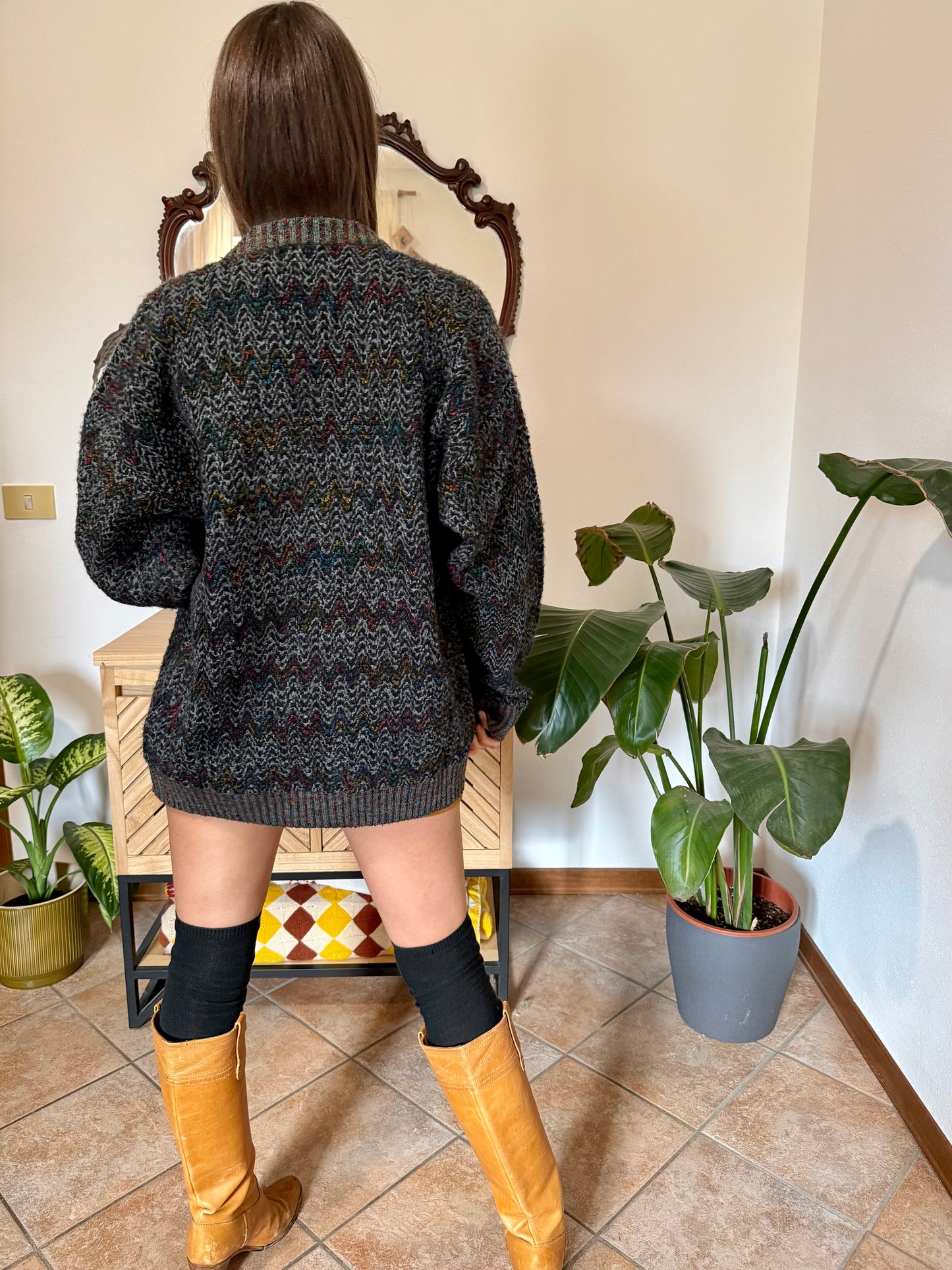 1990's vintage black wool cardigan with rainbow chevron pattern