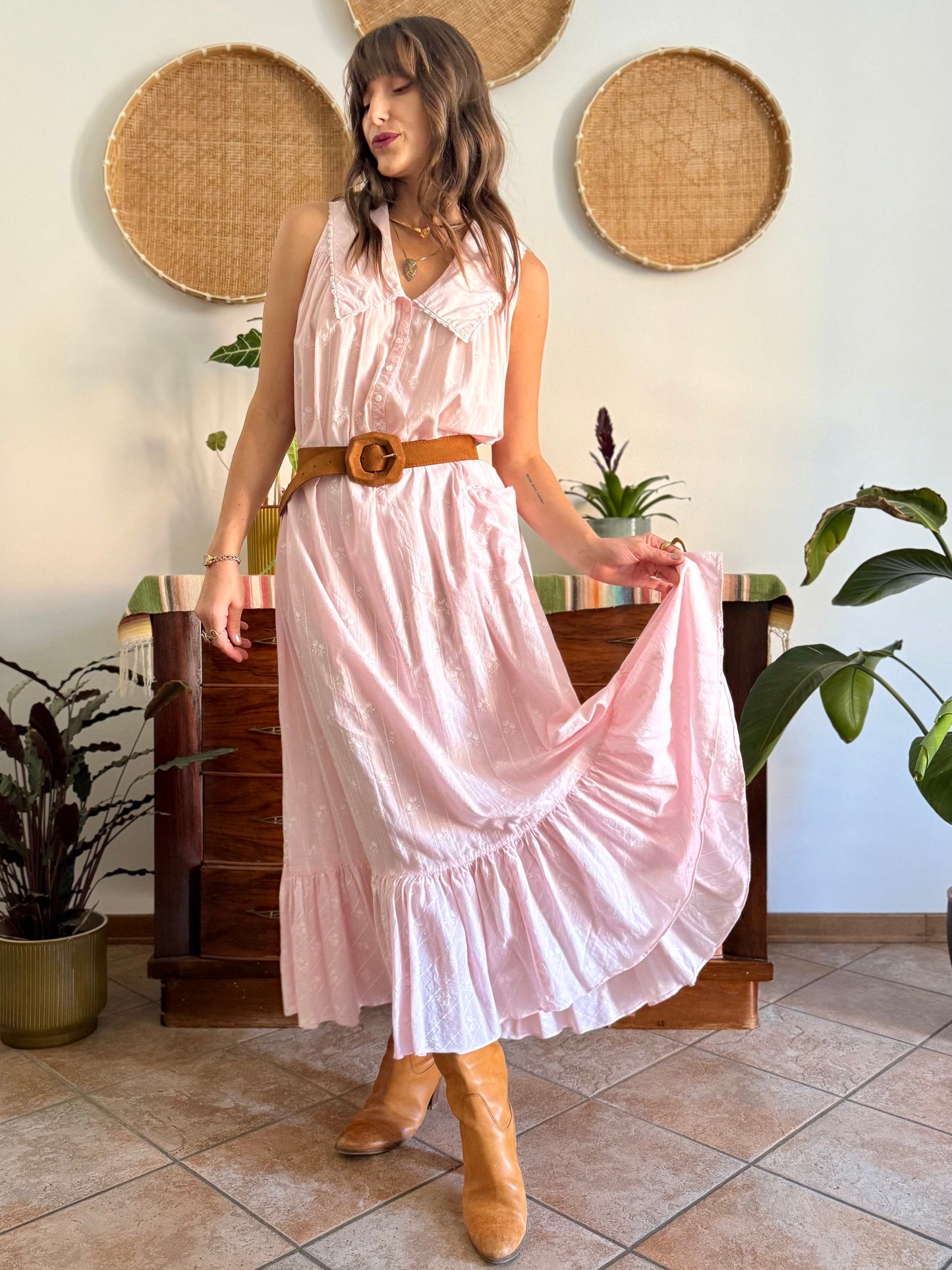 1970's vintage pink prairie taxi dress with white stripe and floral print