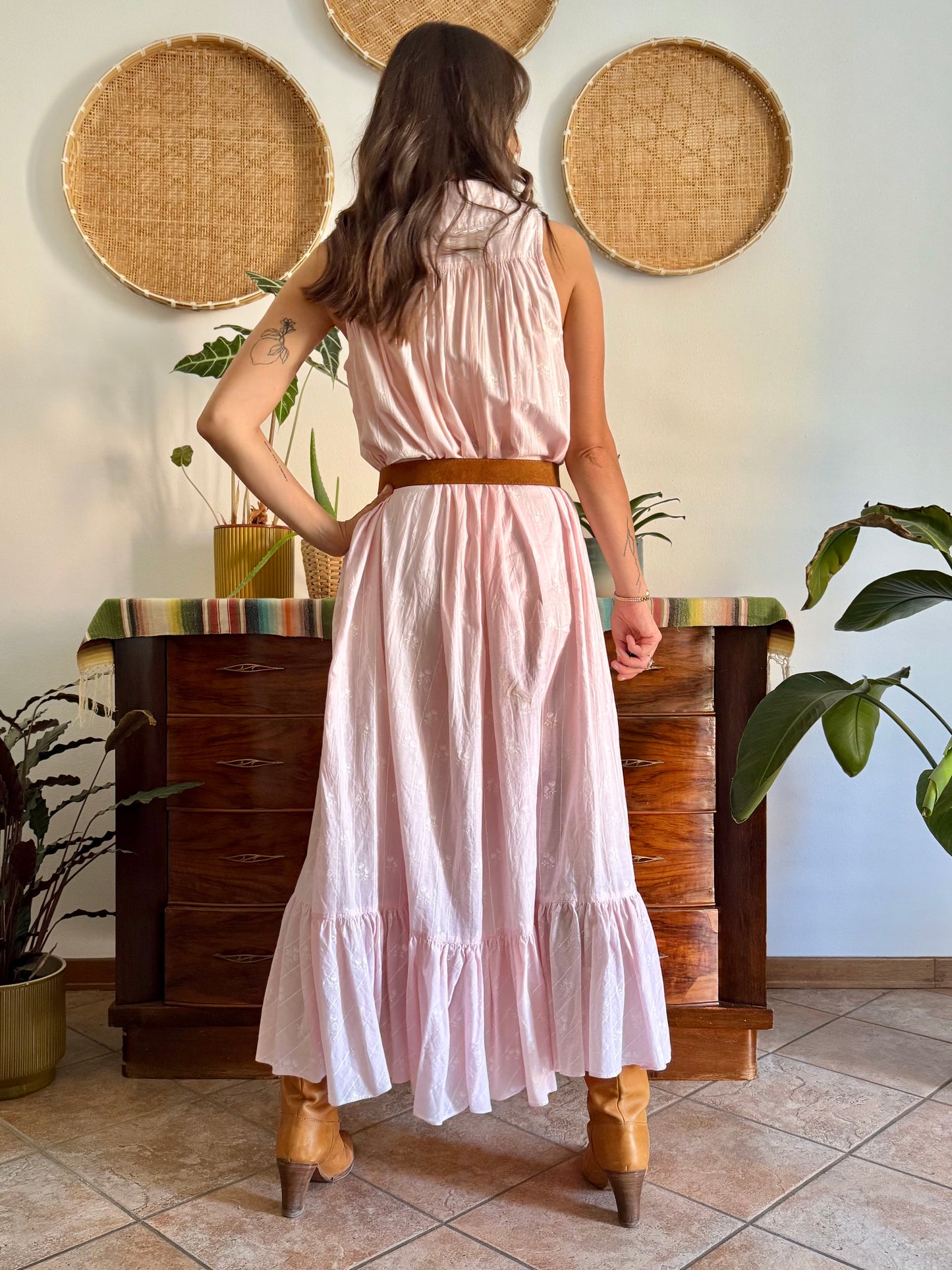 1970's vintage pink prairie taxi dress with white stripe and floral print