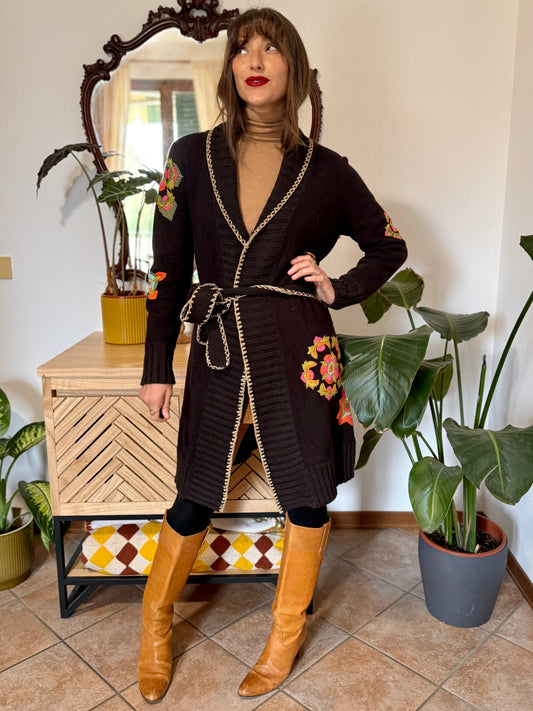 Y2k vintage black knit cardigan with pink, orange and beige floral embroidery