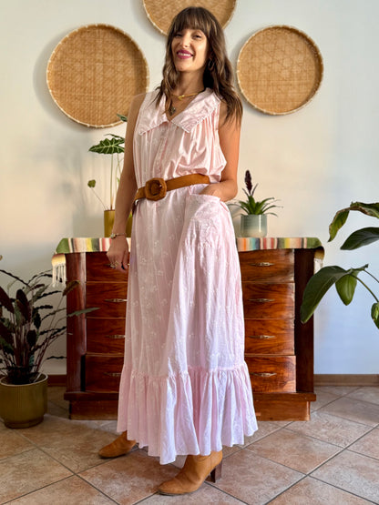 1970's vintage pink prairie taxi dress with white stripe and floral print