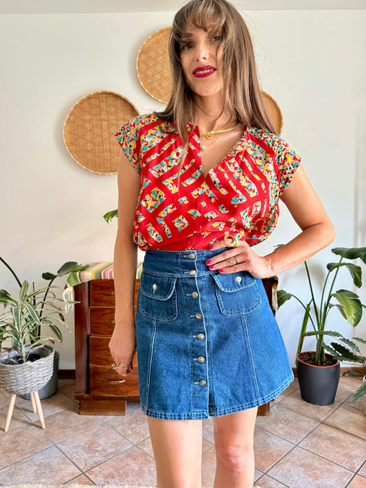 1970's vintage red and multicolor floral and stripe silk blouse