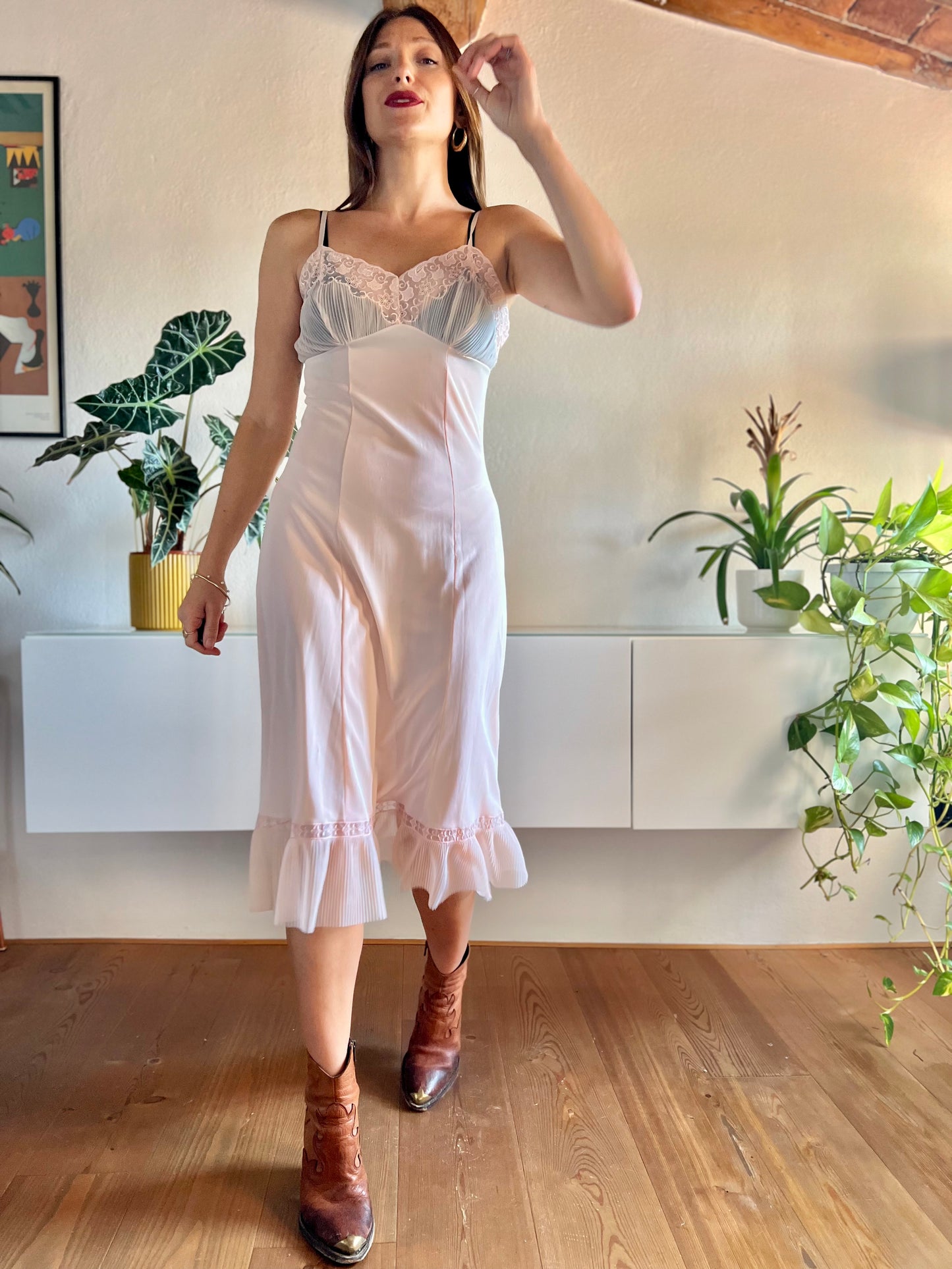 1960's vintage sheer peach slip maxi dress with lace and pleated details