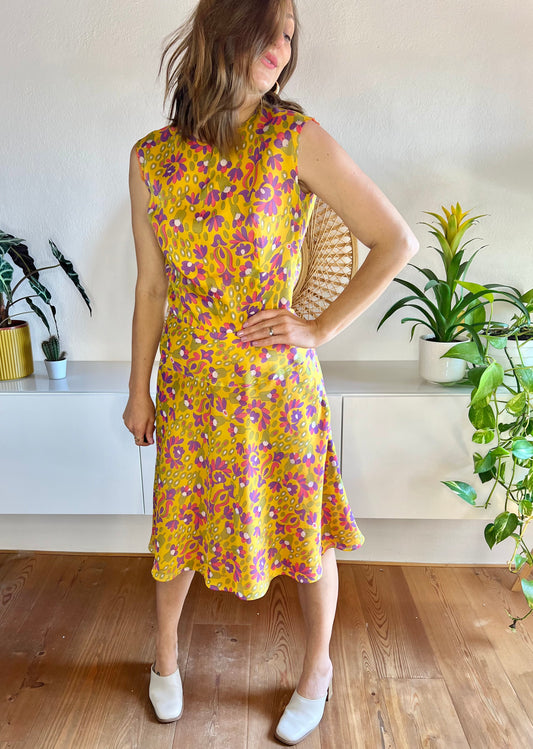 1960's vintage yellow and multicolor psychedelic floral print midi dress