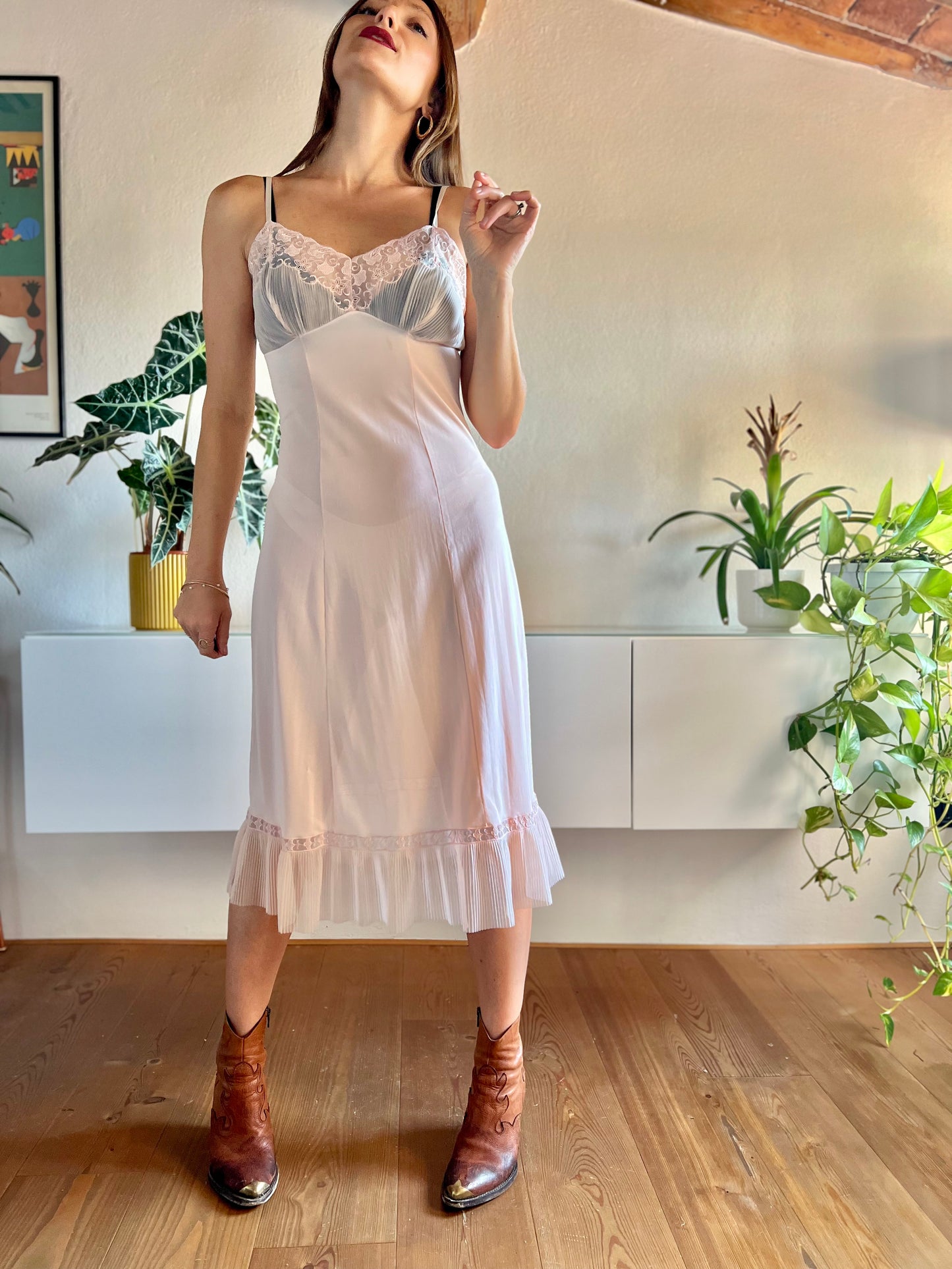 1960's vintage sheer peach slip maxi dress with lace and pleated details