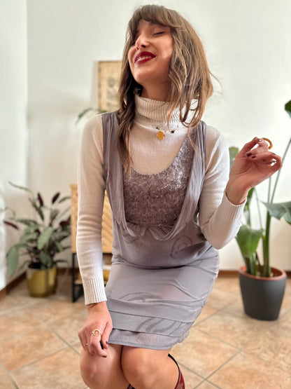 1990's vintage semi sheer abstract print silk mini dress with silver textured details