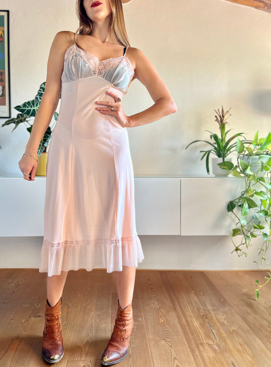 1960's vintage sheer peach slip maxi dress with lace and pleated details