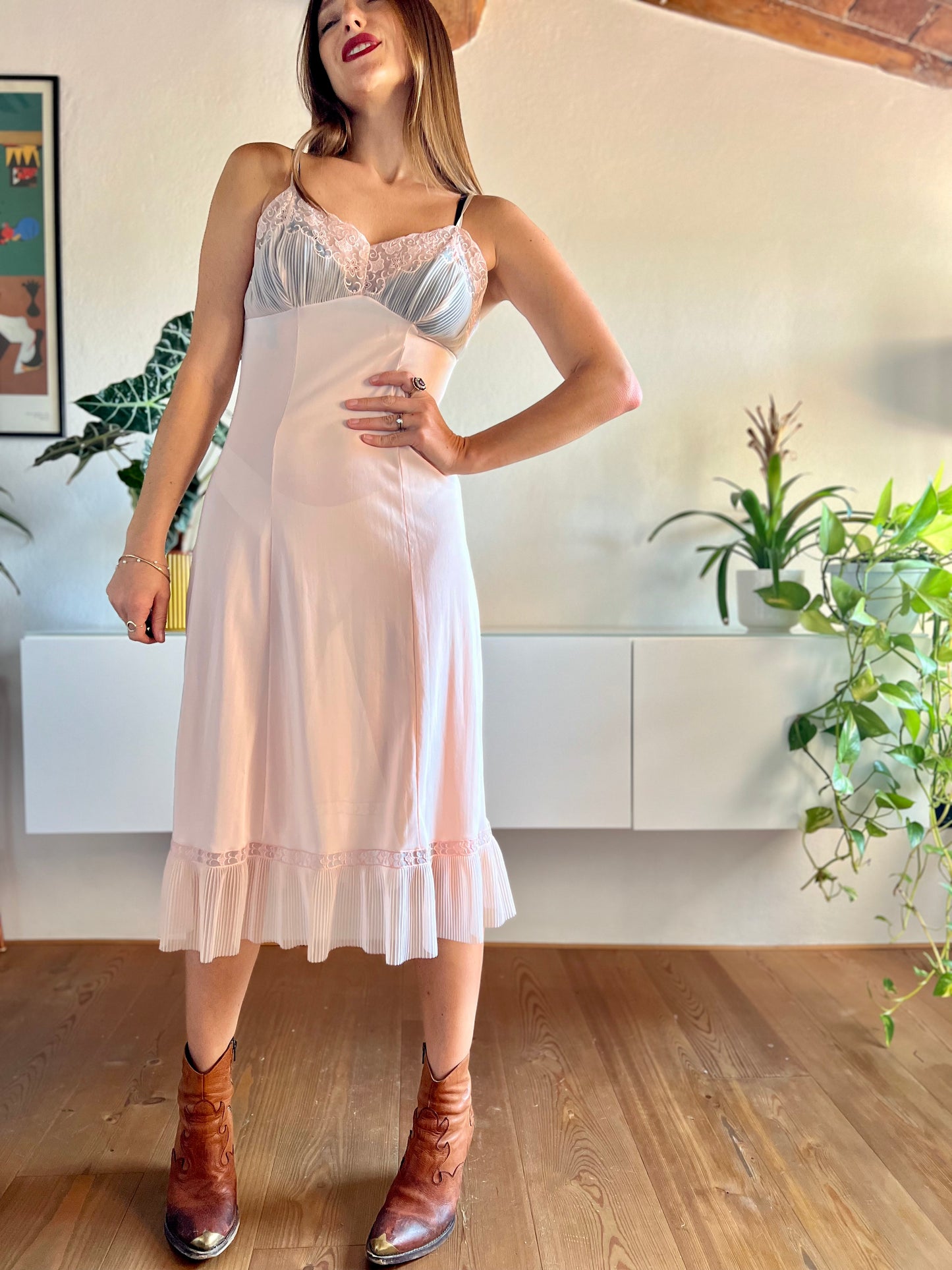 1960's vintage sheer peach slip maxi dress with lace and pleated details