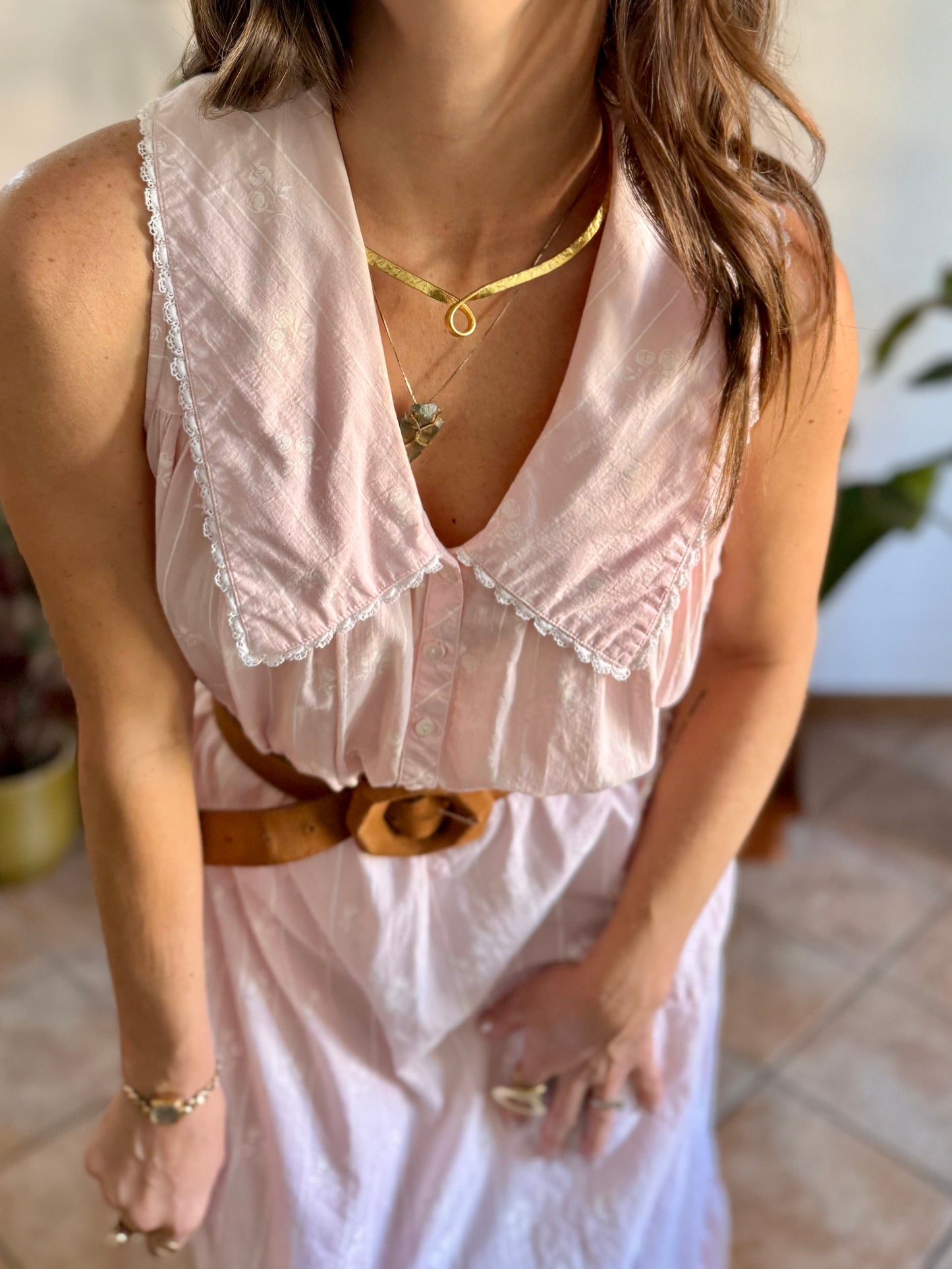 1970's vintage pink prairie taxi dress with white stripe and floral print