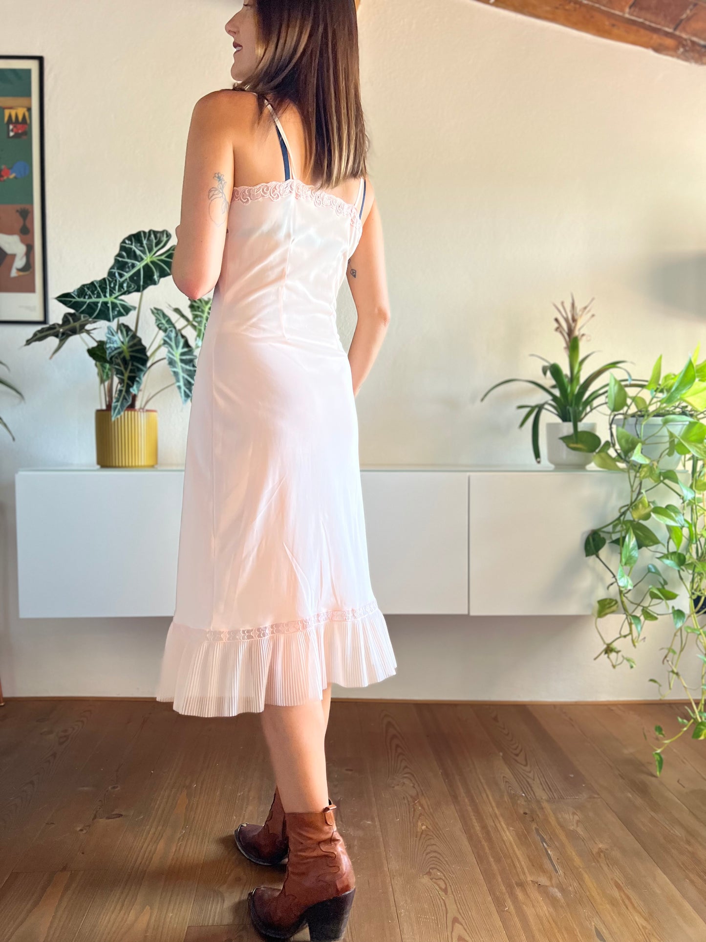 1960's vintage sheer peach slip maxi dress with lace and pleated details