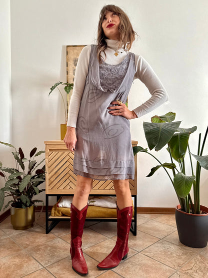 1990's vintage semi sheer abstract print silk mini dress with silver textured details