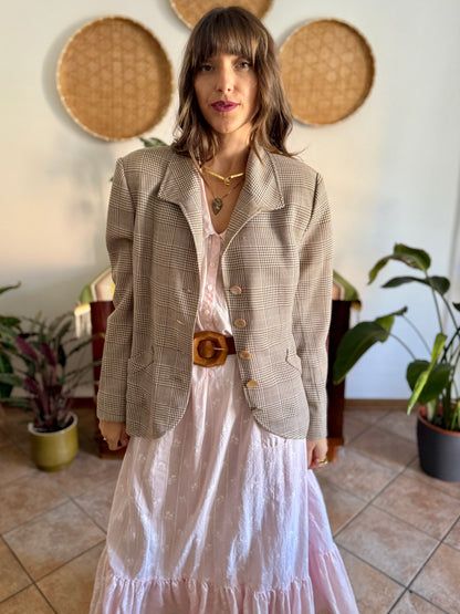 1970's vintage brown and cream plaid tweed blazer with oversize mother of pearl buttons