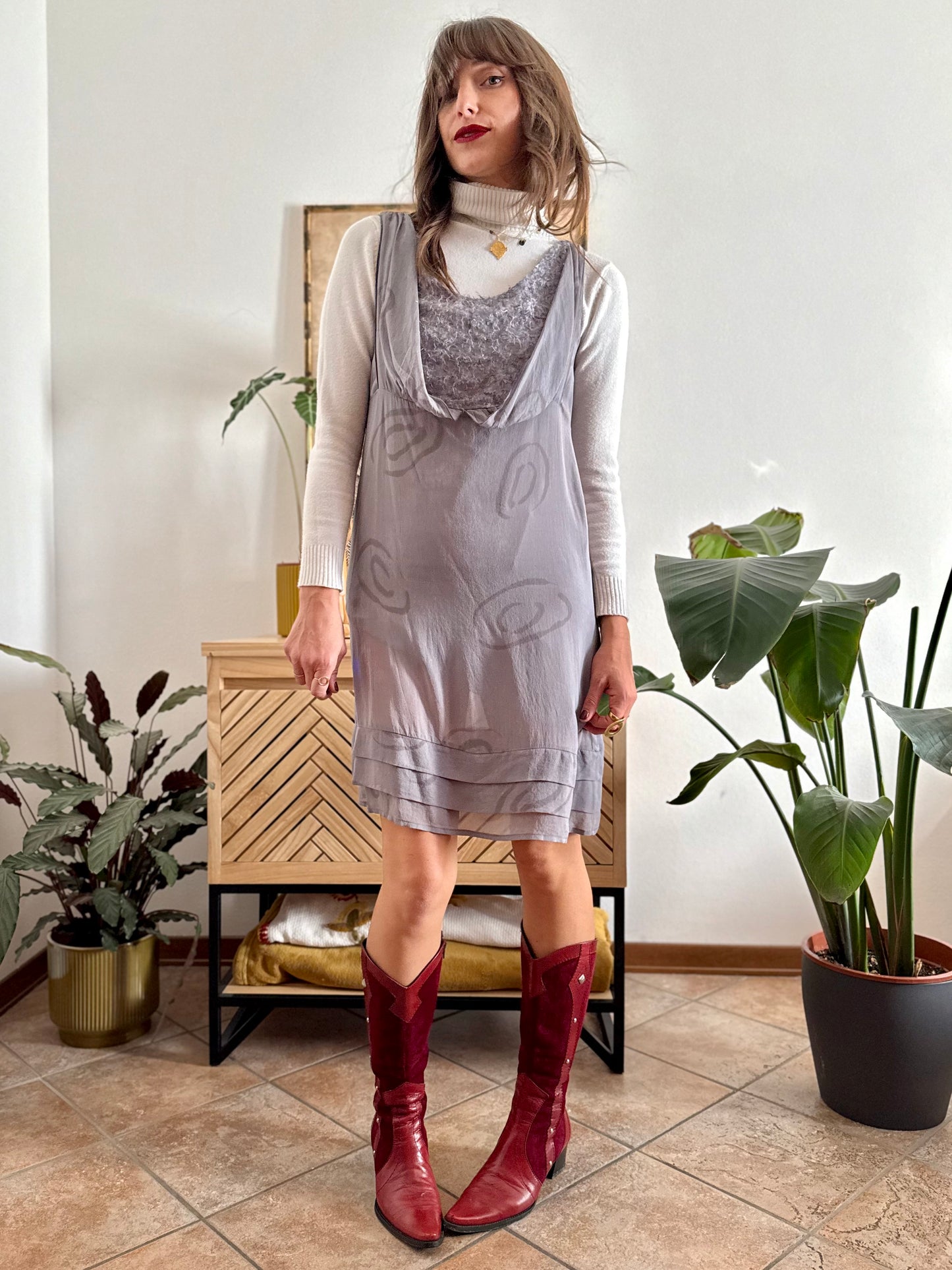 1990's vintage semi sheer abstract print silk mini dress with silver textured details