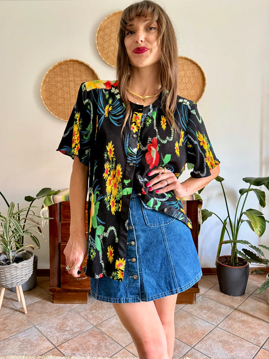 1980's vintage black crinkle effect blouse with multicolor floral print