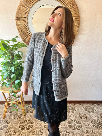 1970's vintage multi tonal grey geometric knit cardigan