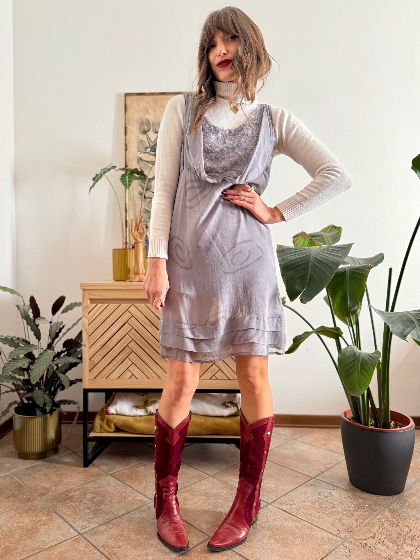 1990's vintage semi sheer abstract print silk mini dress with silver textured details