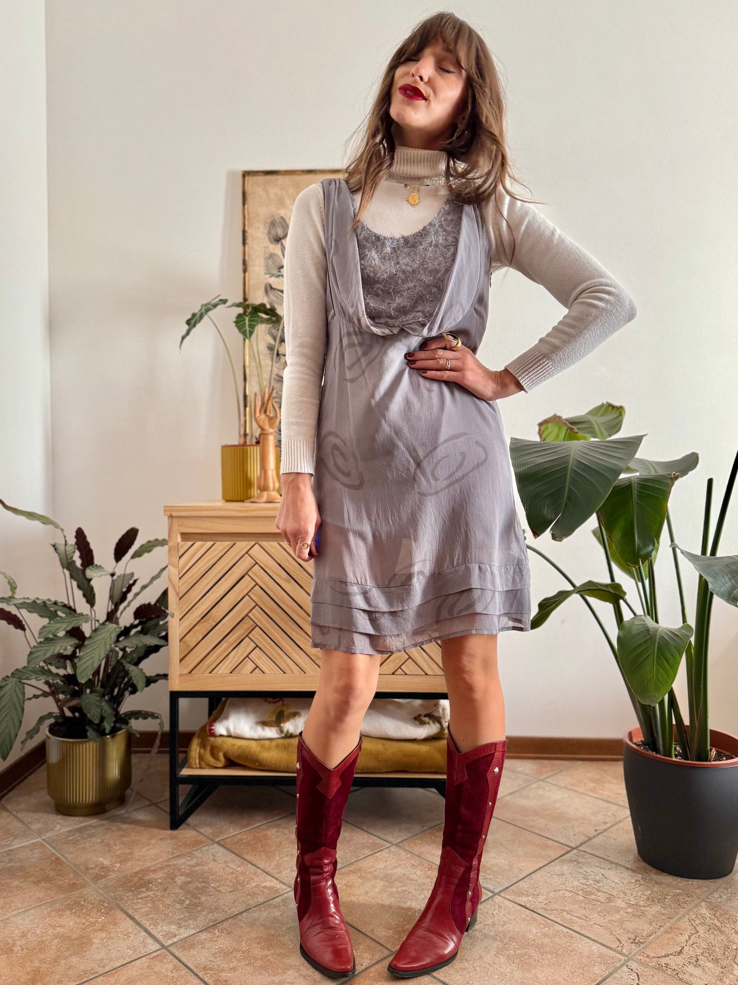 1990's vintage semi sheer abstract print silk mini dress with silver textured details