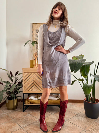 1990's vintage semi sheer abstract print silk mini dress with silver textured details