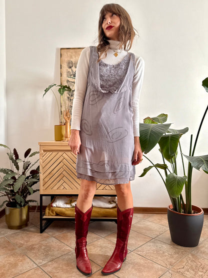 1990's vintage semi sheer abstract print silk mini dress with silver textured details