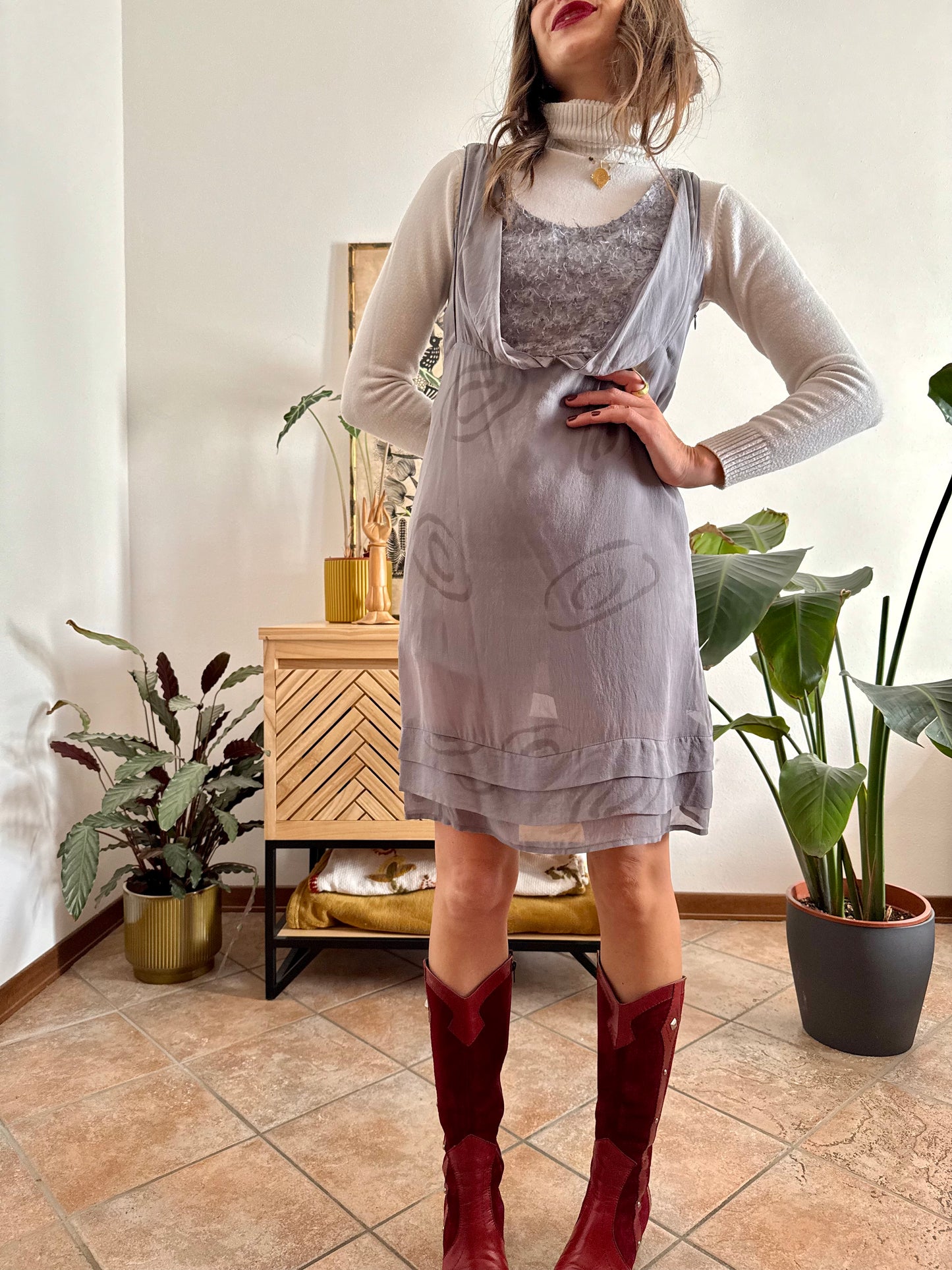 1990's vintage semi sheer abstract print silk mini dress with silver textured details