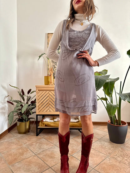 1990's vintage semi sheer abstract print silk mini dress with silver textured details