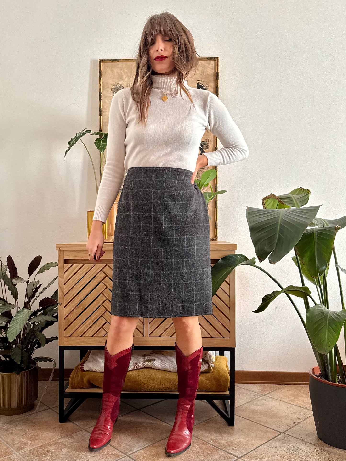 1990's vintage wool blend charcoal grey with cream speckle tan plaid midi skirt