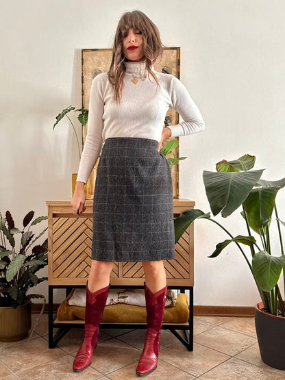 1990's vintage wool blend charcoal grey with cream speckle tan plaid midi skirt