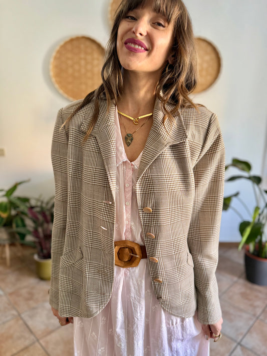 1970's vintage brown and cream plaid tweed blazer with oversize mother of pearl buttons