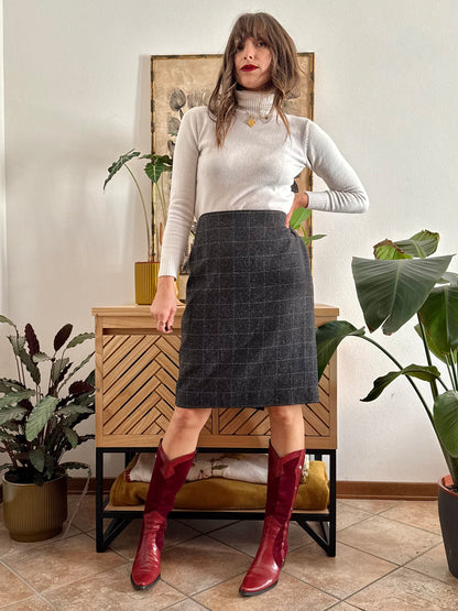 1990's vintage wool blend charcoal grey with cream speckle tan plaid midi skirt
