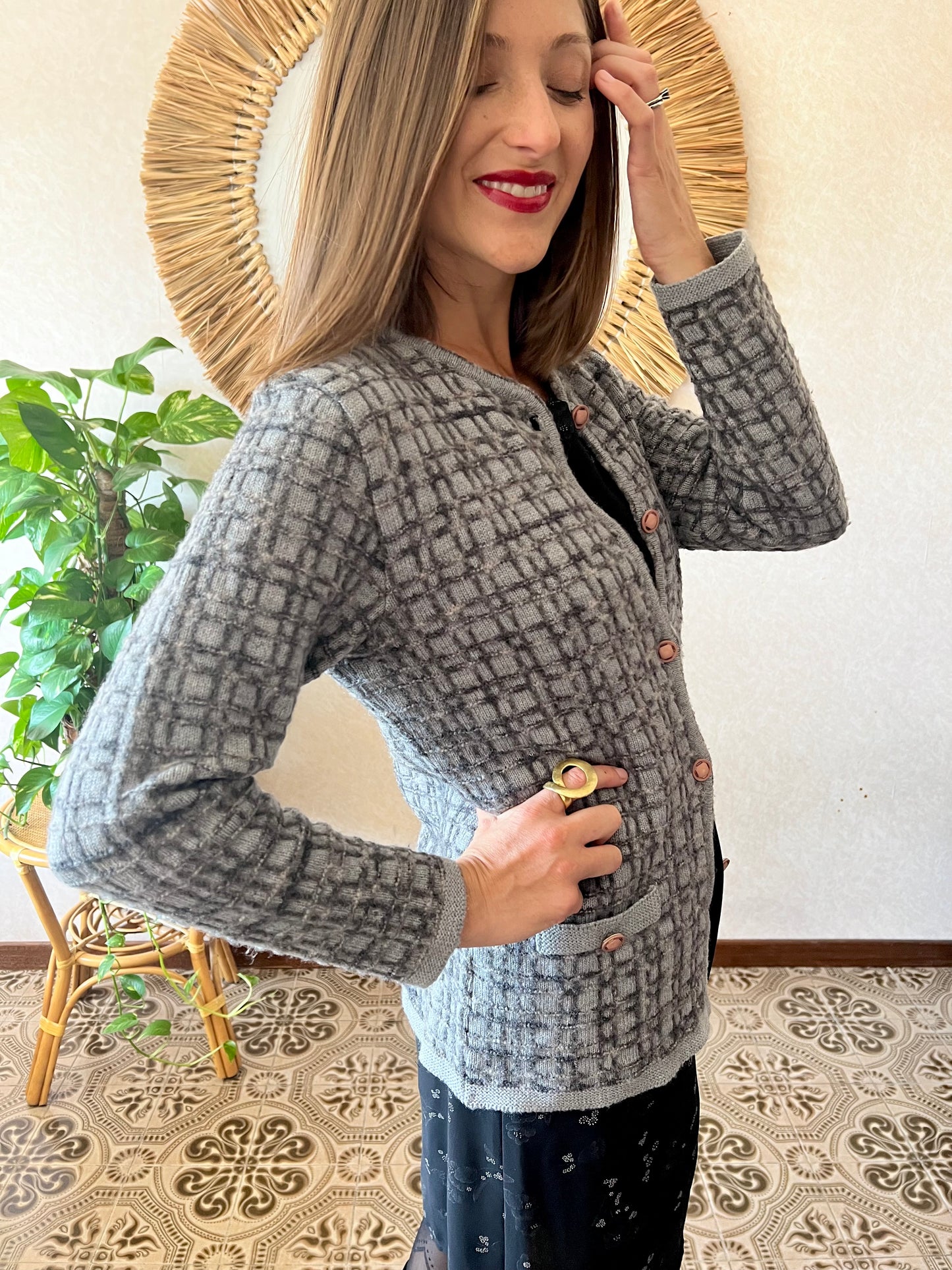 1970's vintage multi tonal grey geometric knit cardigan