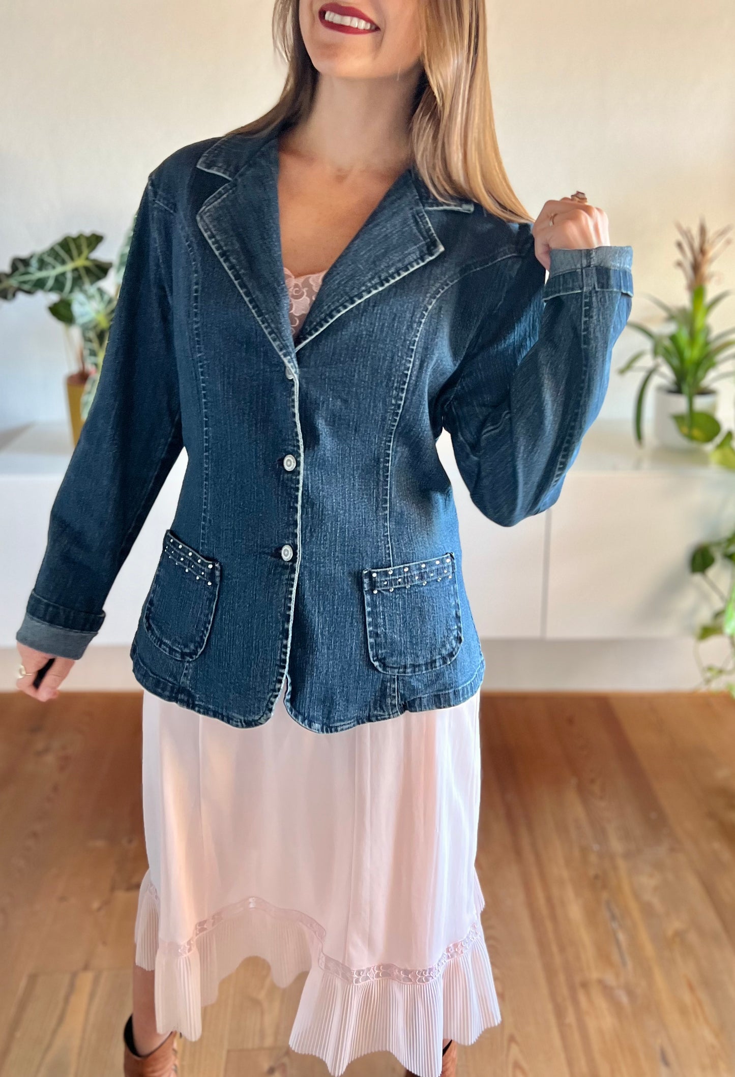 1990's vintage dark blue denim jacket with rhinestone details