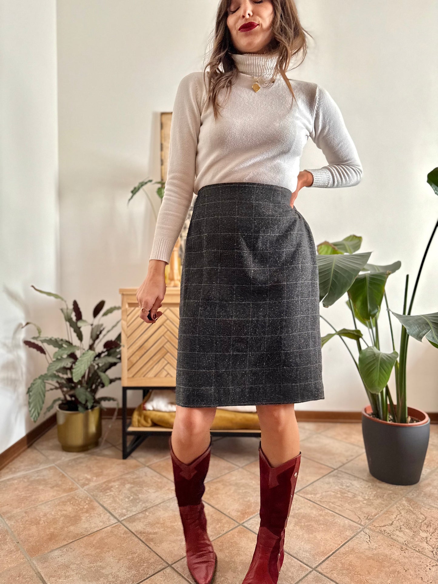 1990's vintage wool blend charcoal grey with cream speckle tan plaid midi skirt