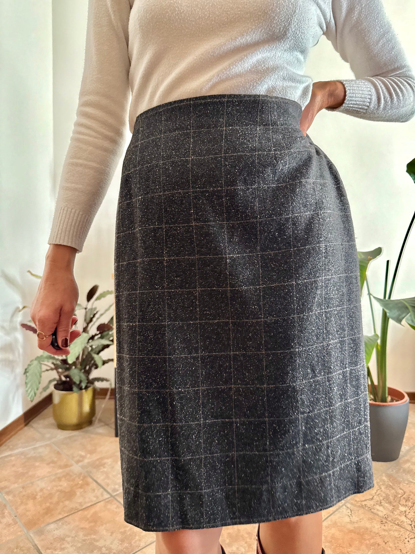 1990's vintage wool blend charcoal grey with cream speckle tan plaid midi skirt