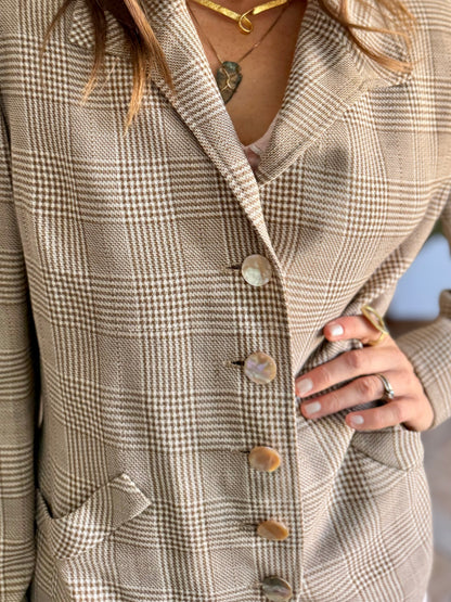 1970's vintage brown and cream plaid tweed blazer with oversize mother of pearl buttons