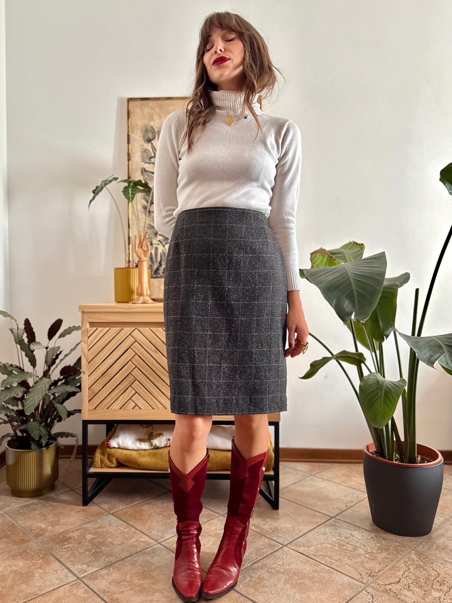 1990's vintage wool blend charcoal grey with cream speckle tan plaid midi skirt