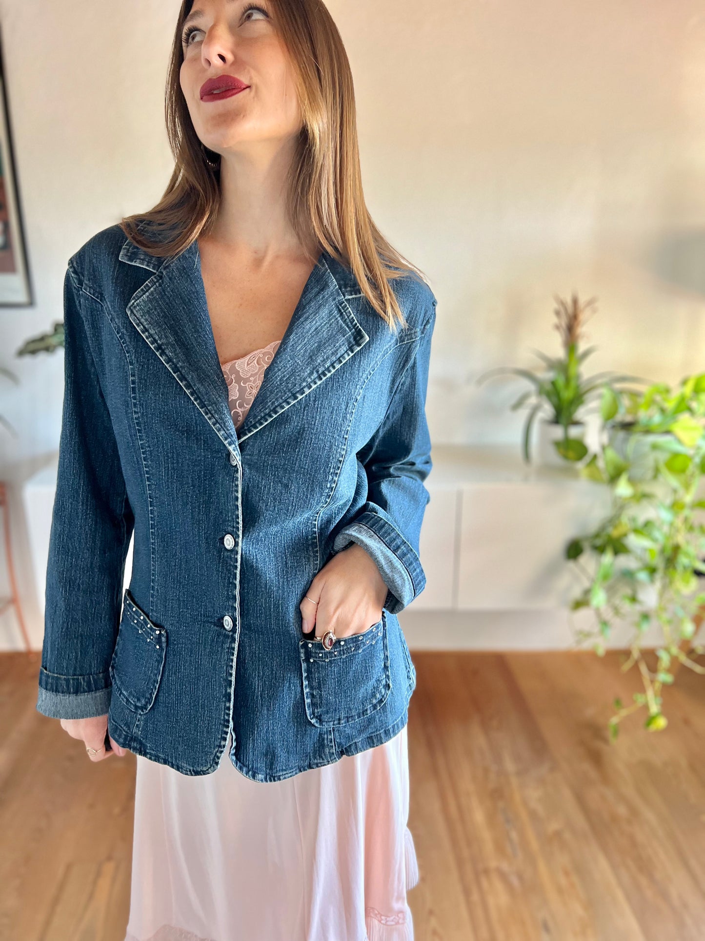 1990's vintage dark blue denim jacket with rhinestone details