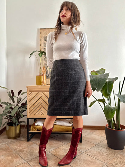 1990's vintage wool blend charcoal grey with cream speckle tan plaid midi skirt