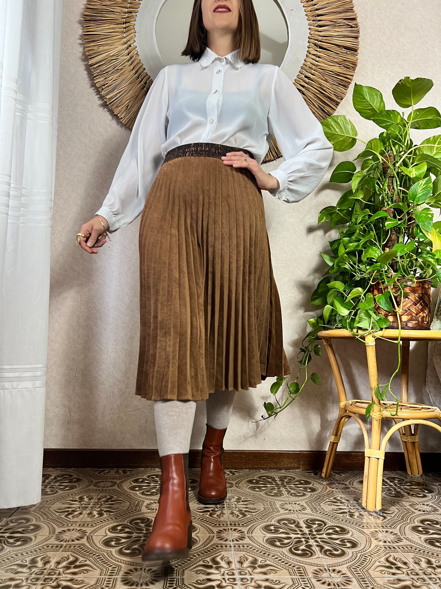 1990's vintage corduroy pleated brown midi skirt