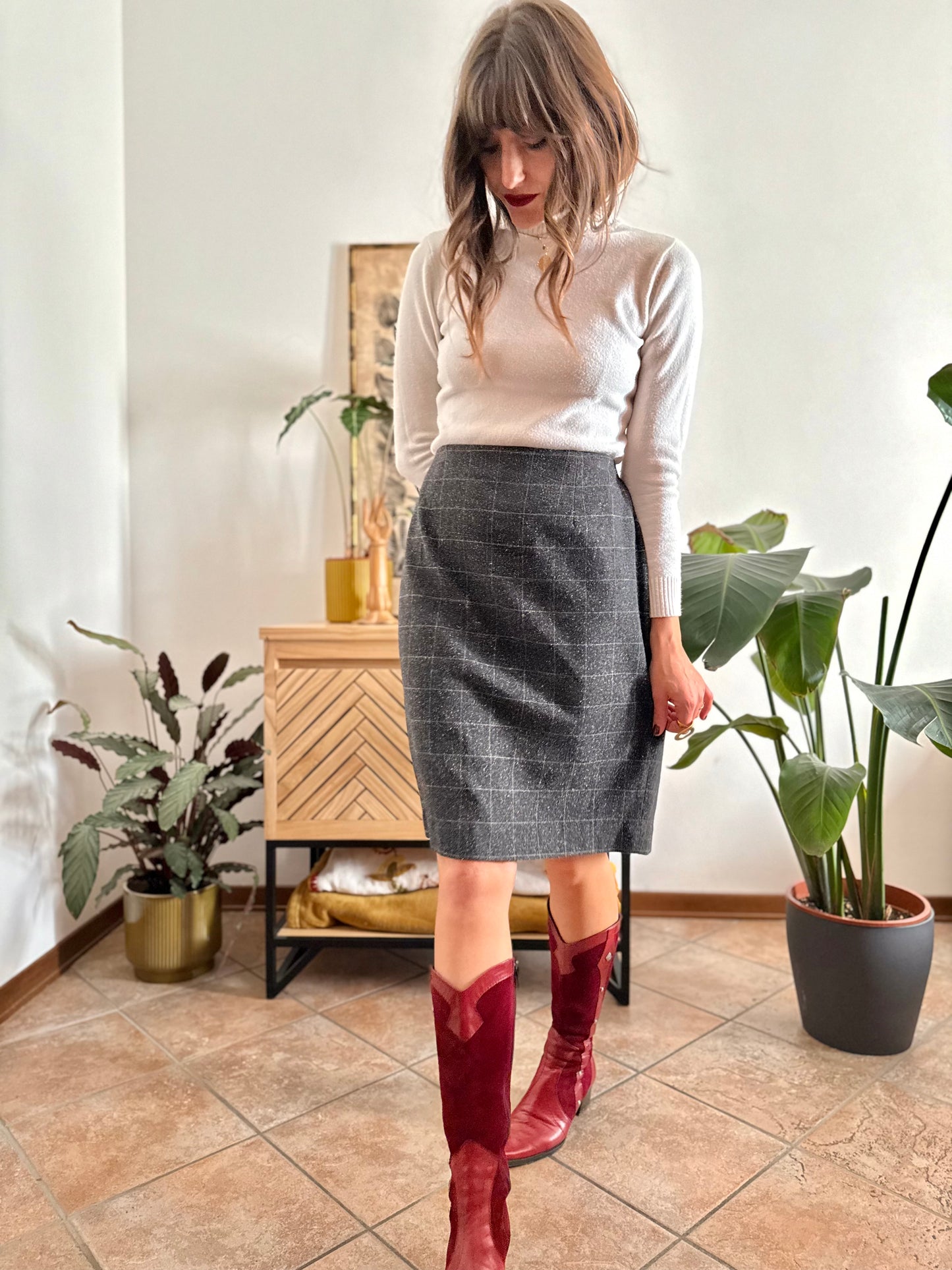 1990's vintage wool blend charcoal grey with cream speckle tan plaid midi skirt