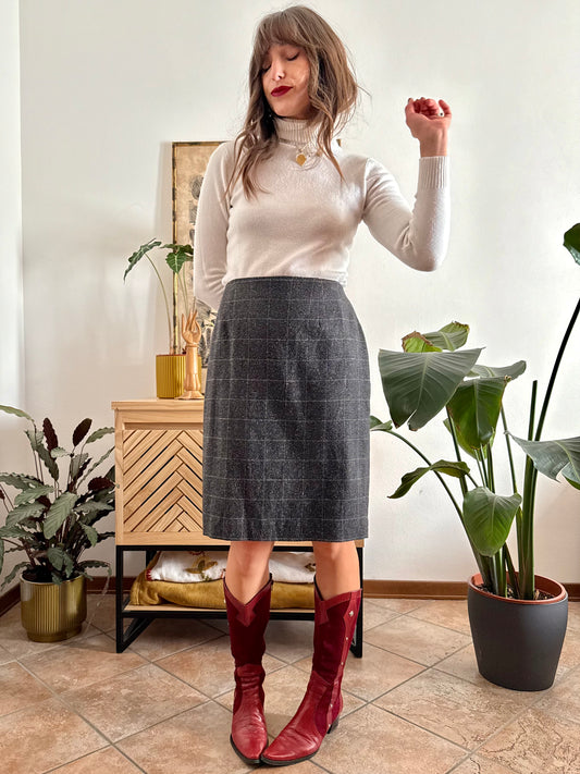 1990's vintage wool blend charcoal grey with cream speckle tan plaid midi skirt