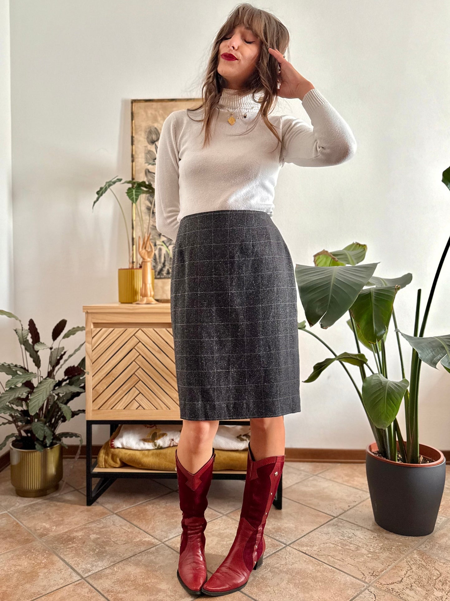 1990's vintage wool blend charcoal grey with cream speckle tan plaid midi skirt