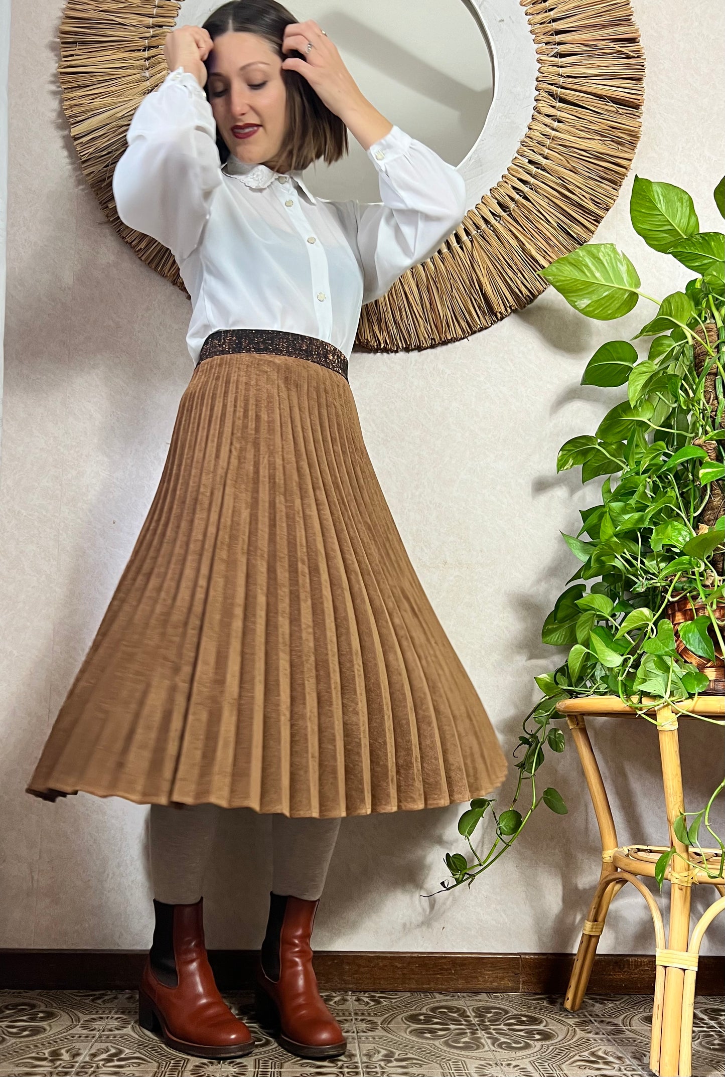 1990's vintage corduroy pleated brown midi skirt