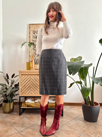 1990's vintage wool blend charcoal grey with cream speckle tan plaid midi skirt