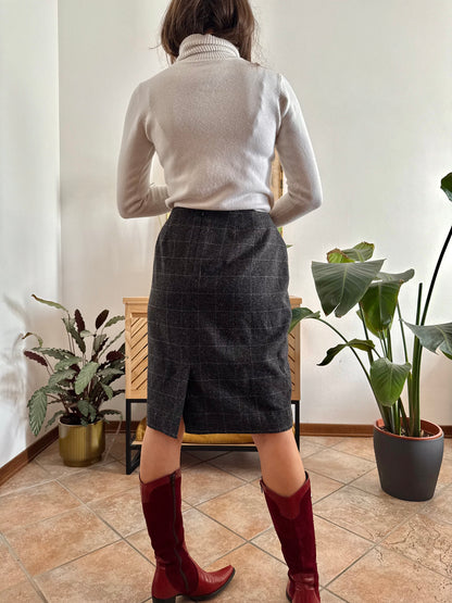 1990's vintage wool blend charcoal grey with cream speckle tan plaid midi skirt