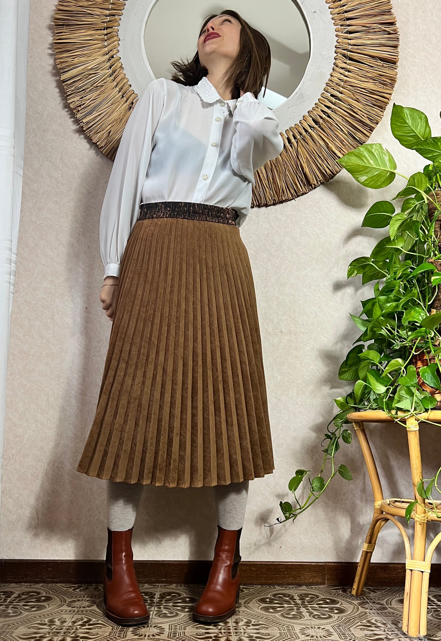 1990's vintage corduroy pleated brown midi skirt