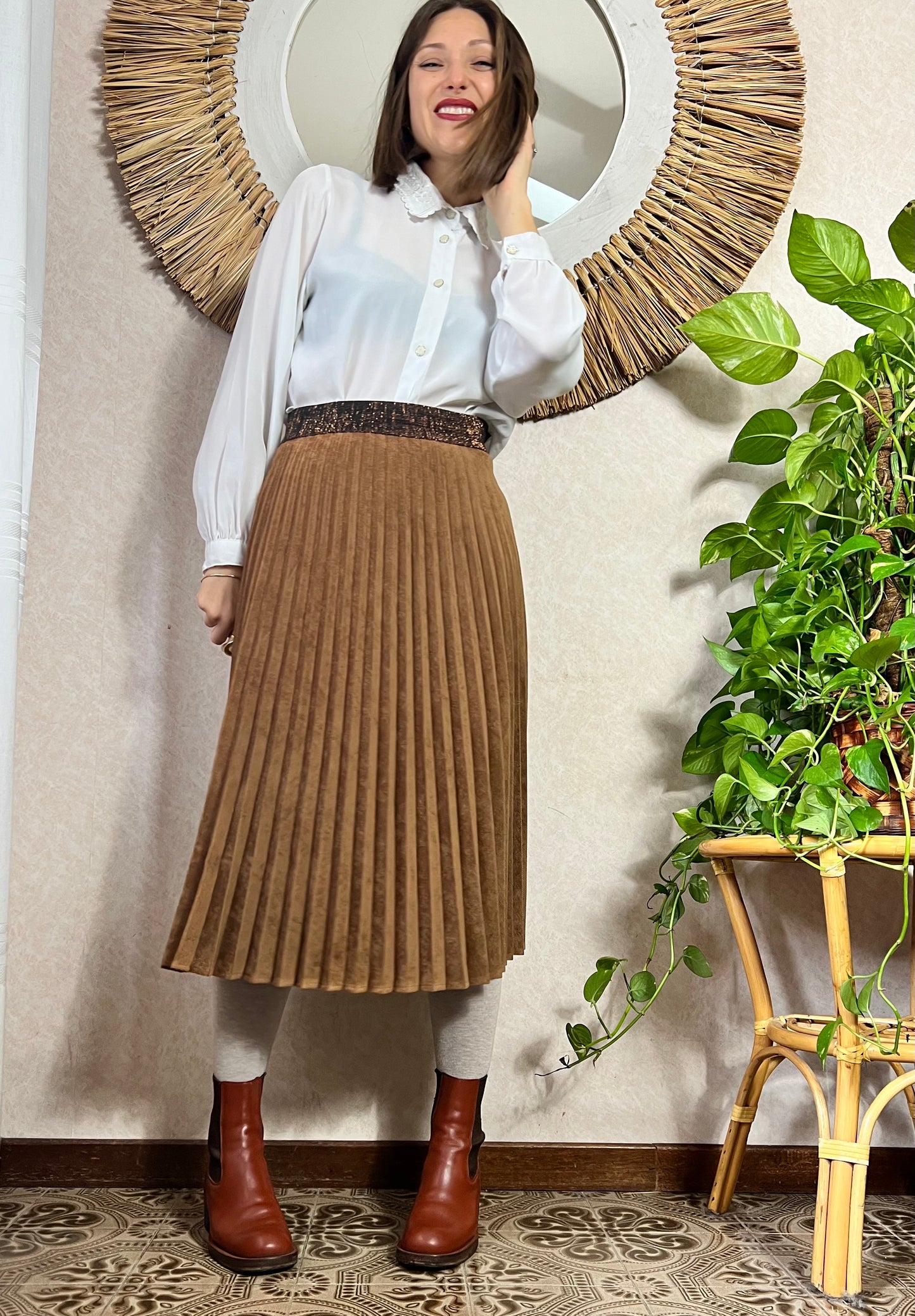 1990's vintage corduroy pleated brown midi skirt